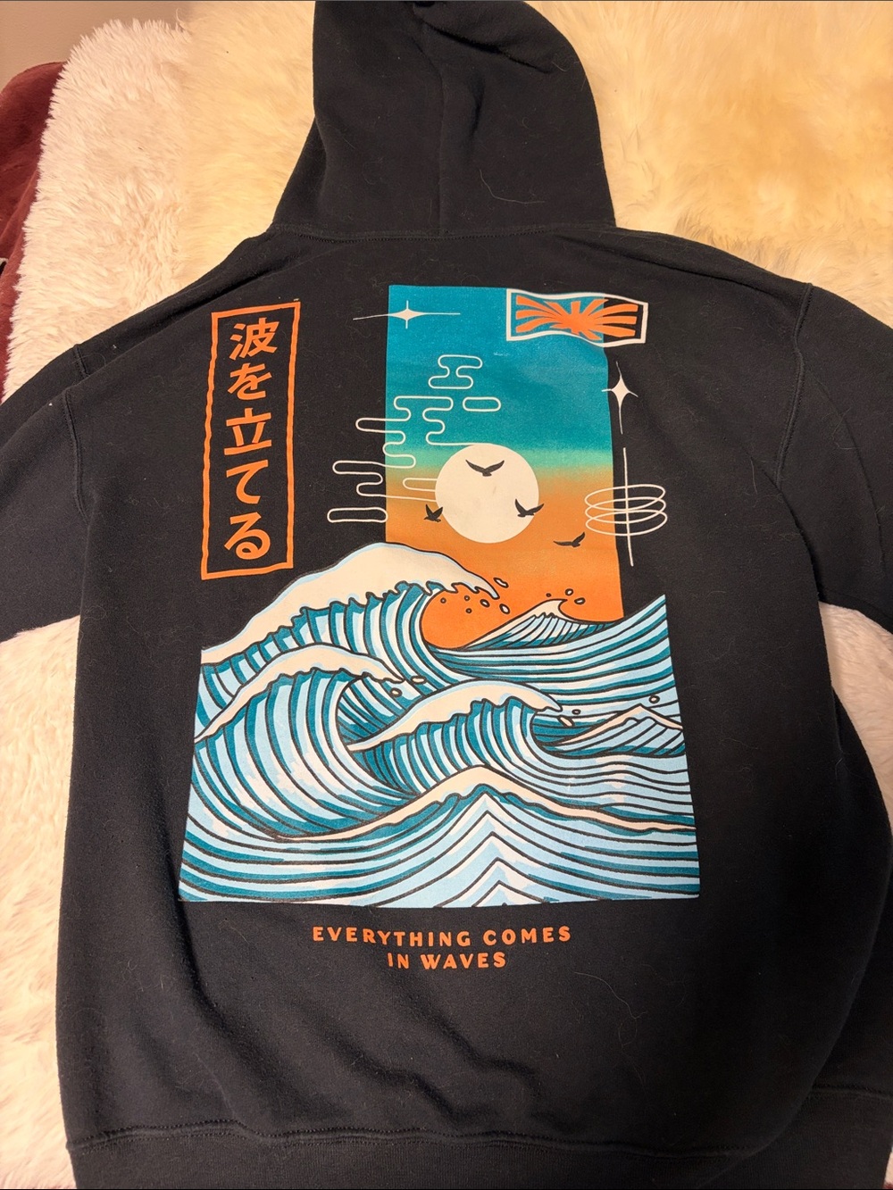 Men's Black Graphic Hoodie with Ocean Wave Print